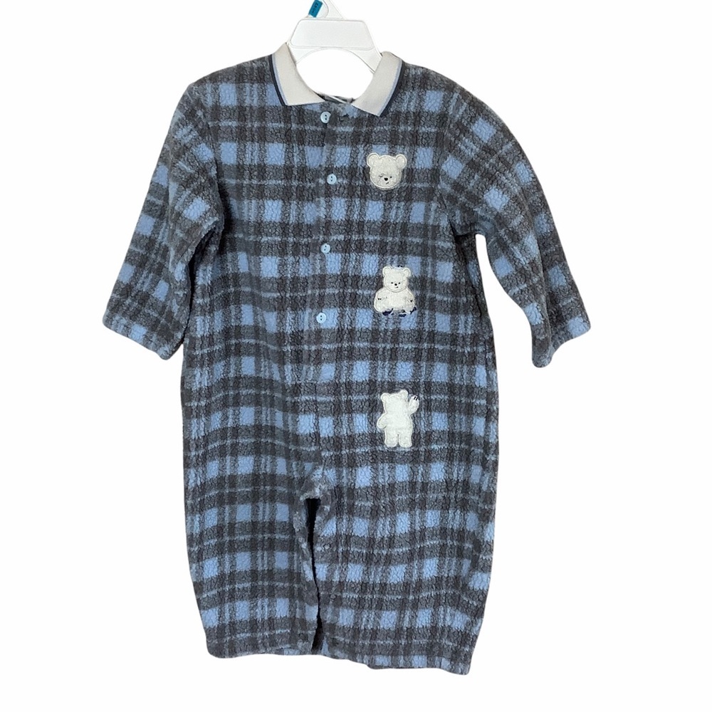 Vintage Toddler Fleece Terry Teddy Bear Embroidered‎ Plaid Sweater One Piece 18M